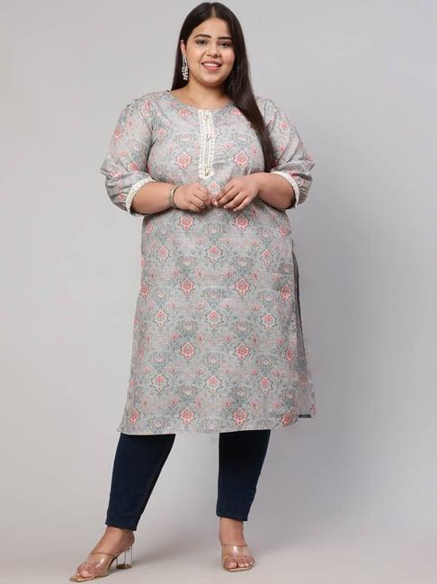 jaipur kurti grey rayon printed plus size straight kurta