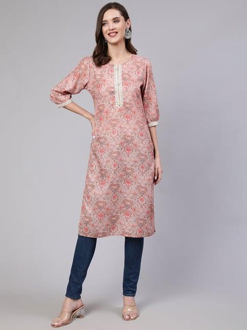 jaipur kurti peach rayon printed straight kurta