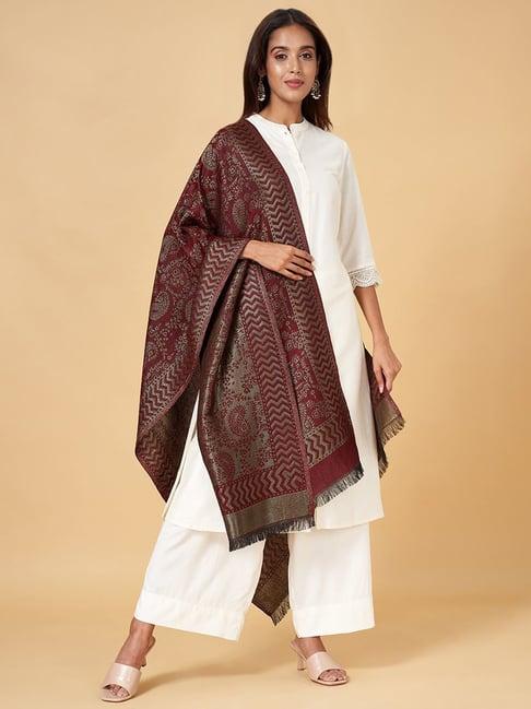 rangmanch by pantaloons maroon woven pattern shawl