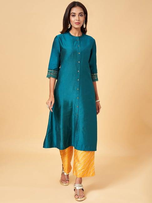 rangmanch by pantaloons teal blue embroidered straight kurta