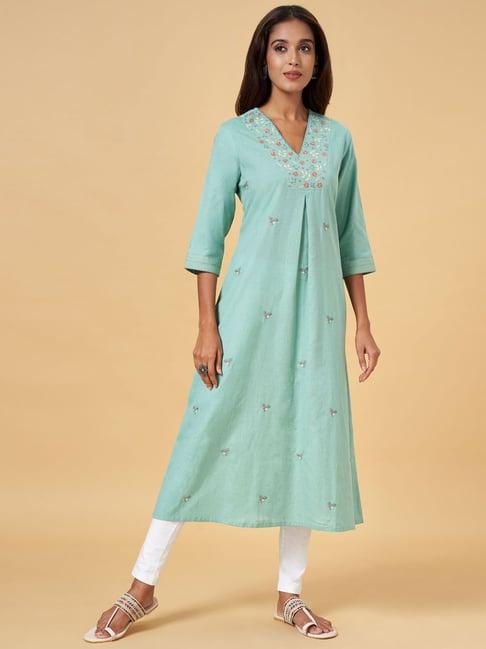 rangmanch by pantaloons turquoise cotton embroidered a line kurta