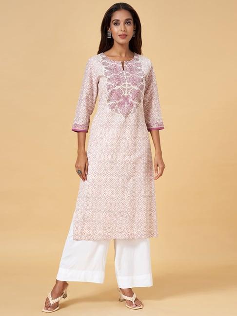 rangmanch by pantaloons off-white cotton printed straight kurta