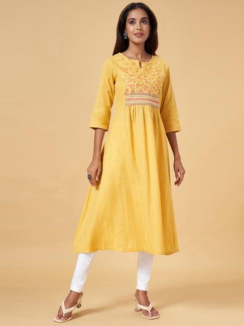 rangmanch by pantaloons mustard cotton embroidered a line kurta