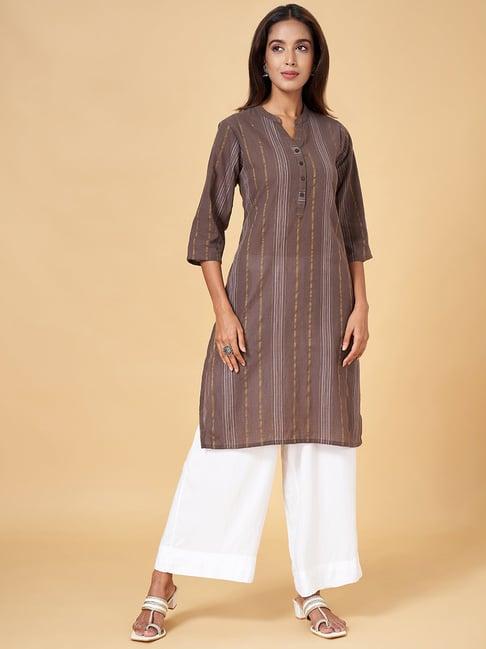 rangmanch by pantaloons brown cotton striped straight kurta