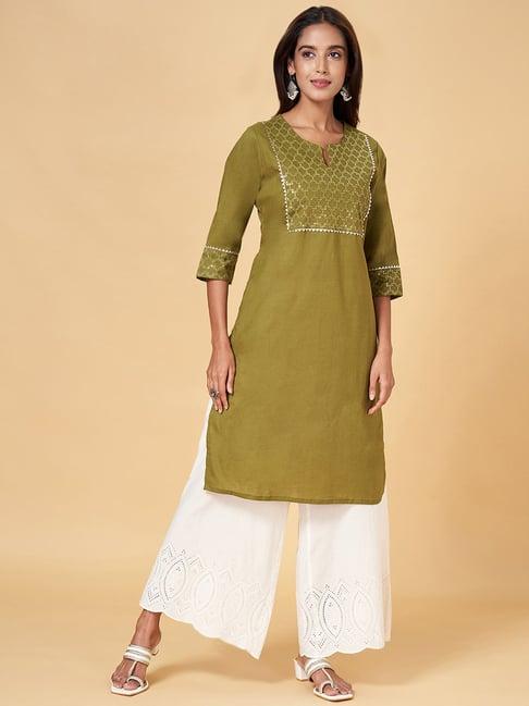 rangmanch by pantaloons olive green cotton embellished straight kurta