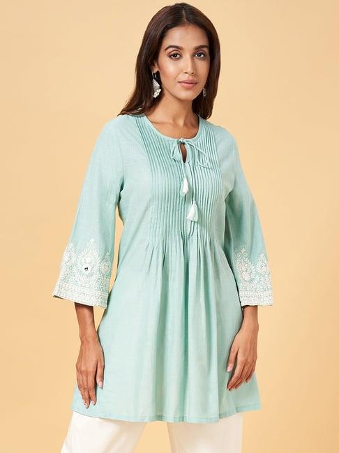 rangmanch by pantaloons sage green cotton embroidered tunic