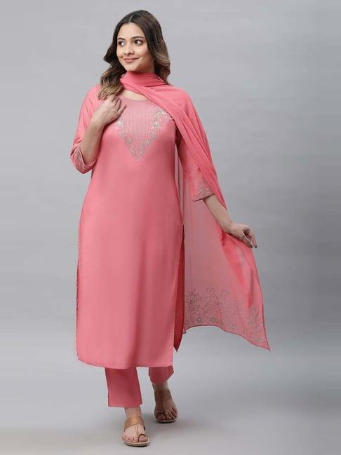 aurelia pink embroidered kurta palazzo set with dupatta