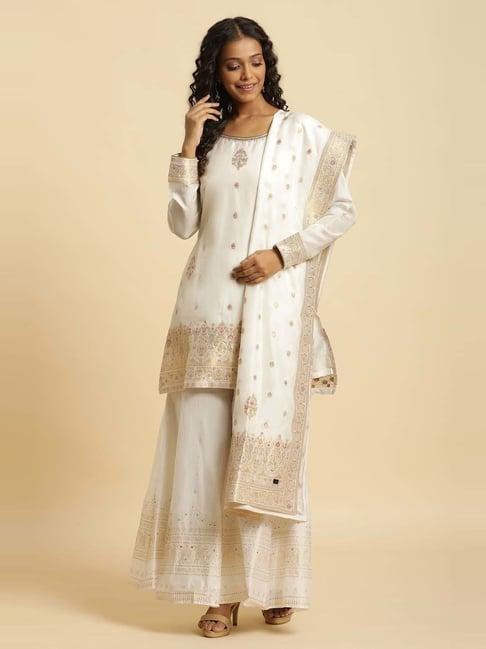 wishful by w off-white woven kurti sharara set with dupatta