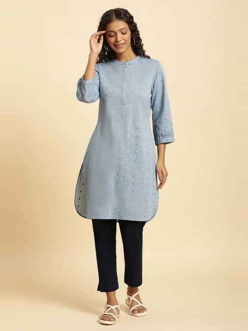 w blue cotton woven pattern straight kurti