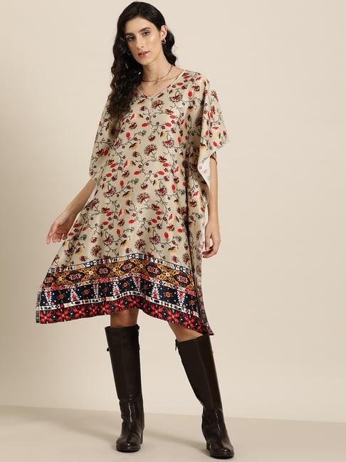 qurvii beige floral print kaftan dress