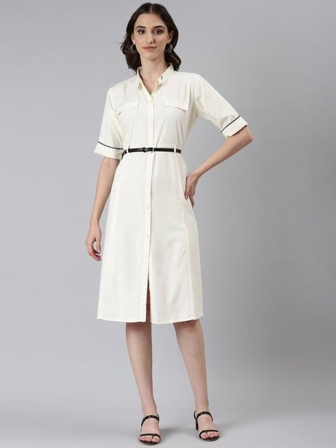 showoff cream cotton regular fit shirt dress