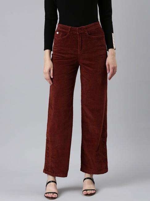 showoff rust cotton straight fit mid rise trousers