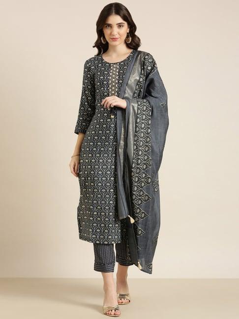 showoff grey embellished kurta with pants & dupatta