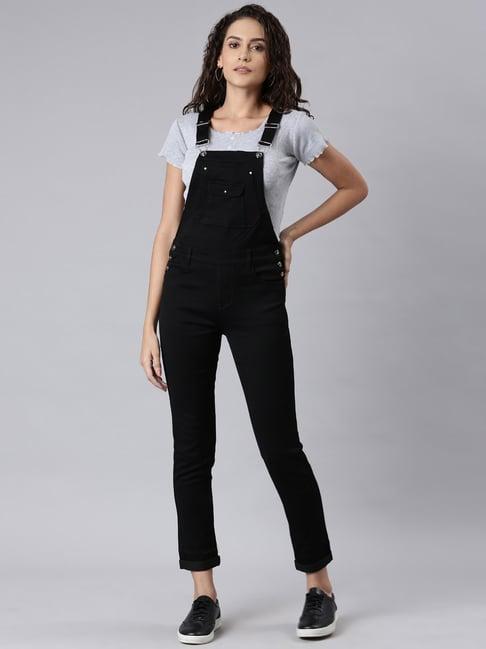 showoff black denim midi dungaree