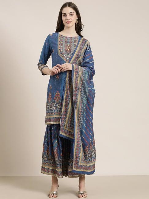 showoff blue embellished kurti with sharara & dupatta