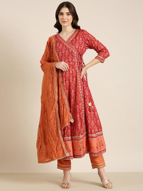 showoff maroon embellished kurta with pants & dupatta