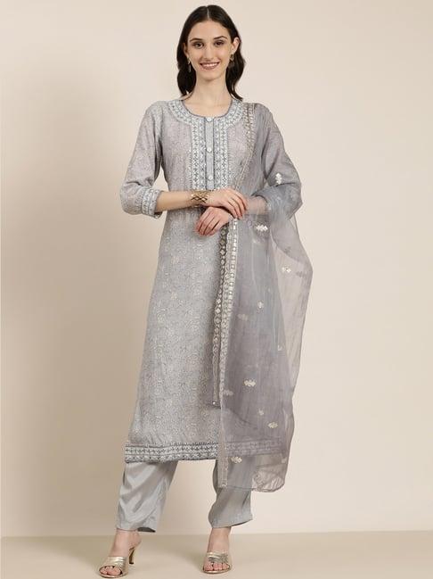 showoff grey embellished kurta with pants & dupatta