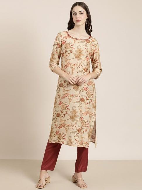 showoff beige embellished kurta with pants