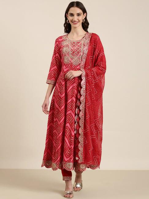 showoff red embellished kurta with pants & dupatta