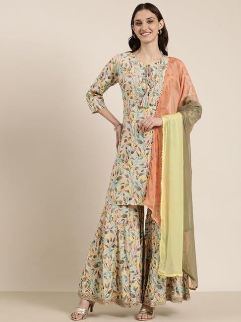 showoff multicolor embellished kurti with sharara & dupatta