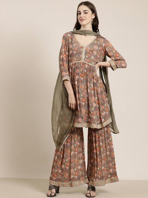 showoff brown embellished kurti with sharara & dupatta