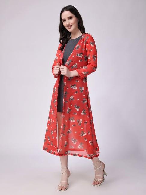 scorpius red floral print long shrug