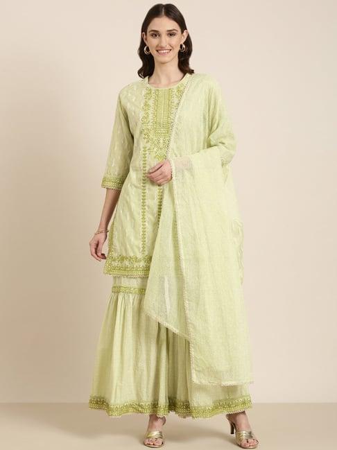 showoff green embellished kurta with sharara & dupatta