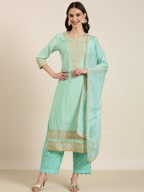 showoff sea green embellished kurta with pants & dupatta