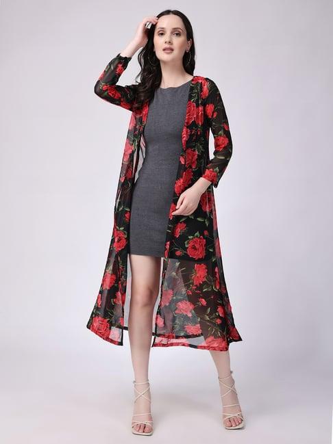 scorpius black & red floral print long shrug