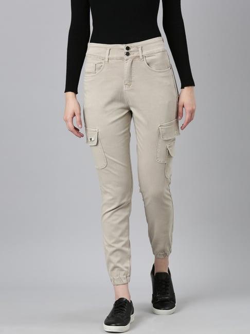 showoff cream denim slim fit mid rise cargo jeans