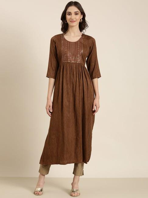 showoff brown cotton embellished kurta