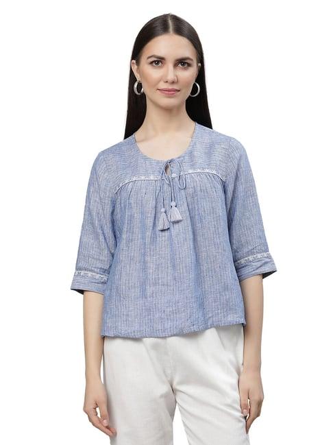 linen club woman blue linen striped top