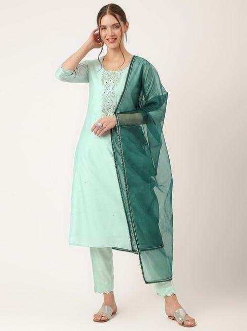 divena sea green embroidered kurta with pant & dupatta