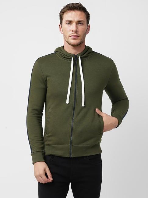 urbanmark olive regular fit striped hooded sweatshirt