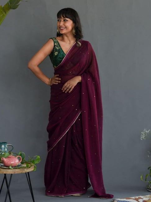 suta wine cotton embellished saree without blouse