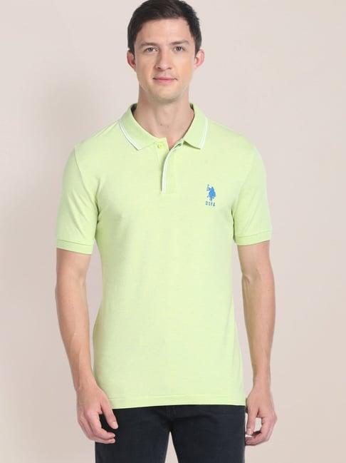 u.s. polo assn. light green cotton slim fit self pattern polo t-shirt