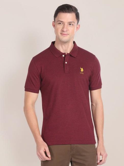 u.s. polo assn. maroon cotton slim fit self pattern polo t-shirt