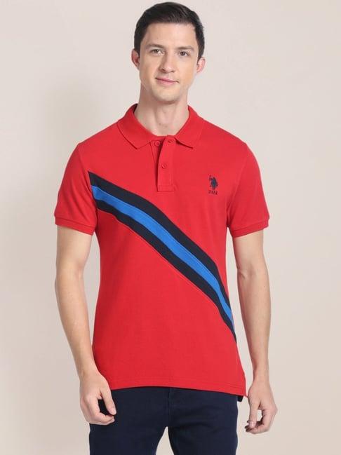 u.s. polo assn. red cotton slim fit striped polo t-shirt