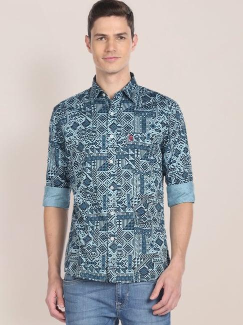 u.s. polo assn. teal cotton regular fit printed shirt