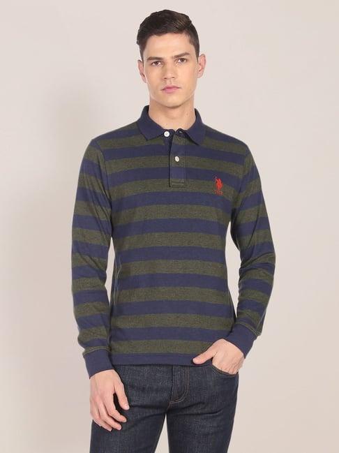 u.s. polo assn. navy & grey cotton regular fit striped polo t-shirt