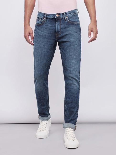 lee bruce blue skinny fit heavily washed jeans