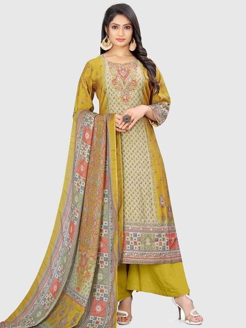 stylee lifestyle mustard & beige printed unstitched dress material