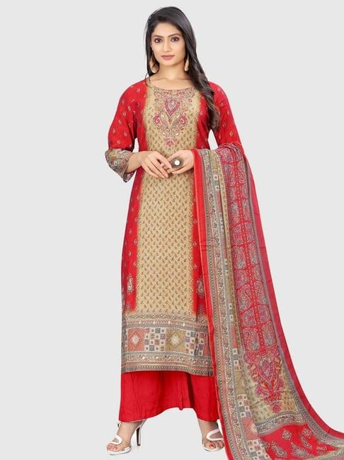 stylee lifestyle red & beige printed unstitched dress material