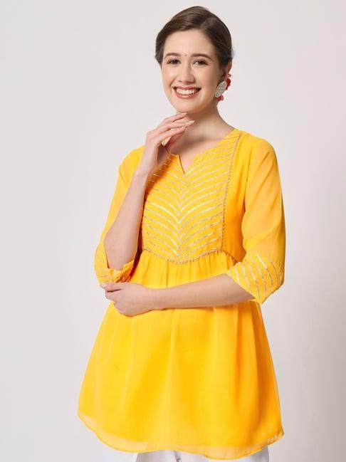 studiorasa yellow georgette lace a line short kurti