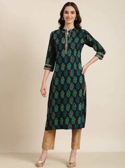 showoff navy cotton floral print kurta