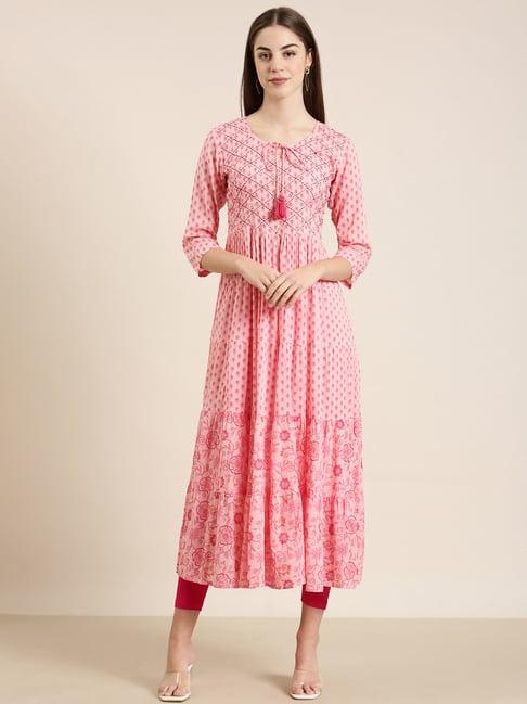 showoff pink cotton floral print kurta