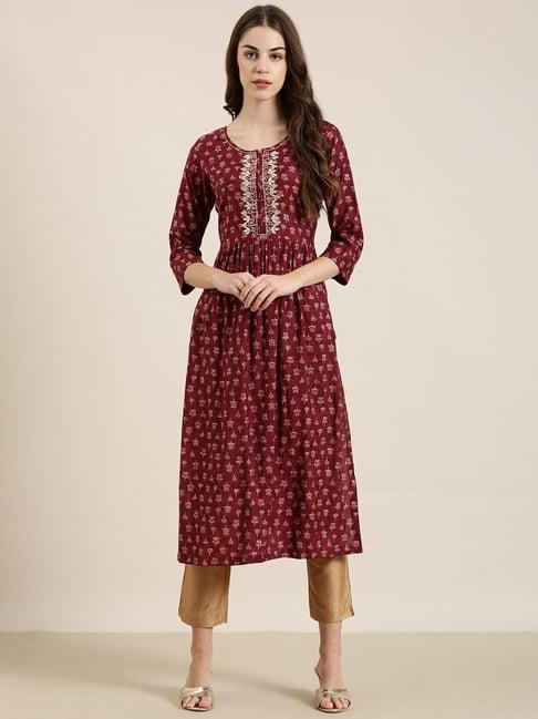 showoff maroon cotton floral print kurta