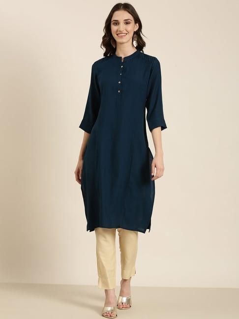 showoff teal cotton regular fit kurta