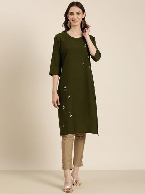 showoff olive cotton regular fit kurta