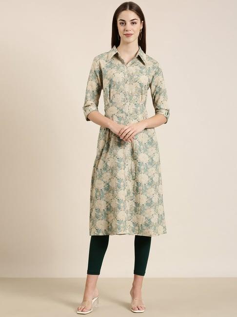 showoff beige cotton floral print kurta